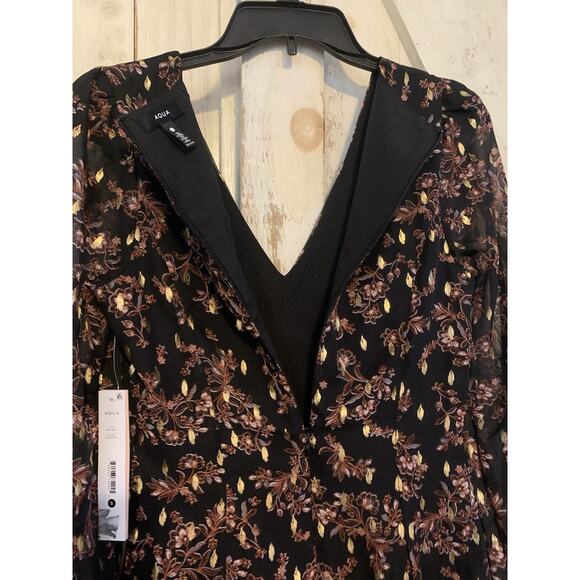 Aqua Floral Metallic Gold Print V-Neck Cocktail Party Mini Dress Long Sleeves XS - Picture 11 of 16